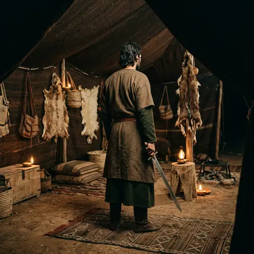 Pre-Islamic Era Depiction: Middle-Eastern Man in Tent with Sword