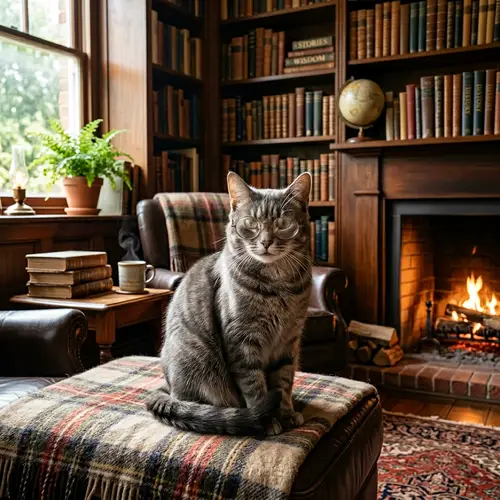 Mature Cat Wearing Glasses | Cozy Room Setting