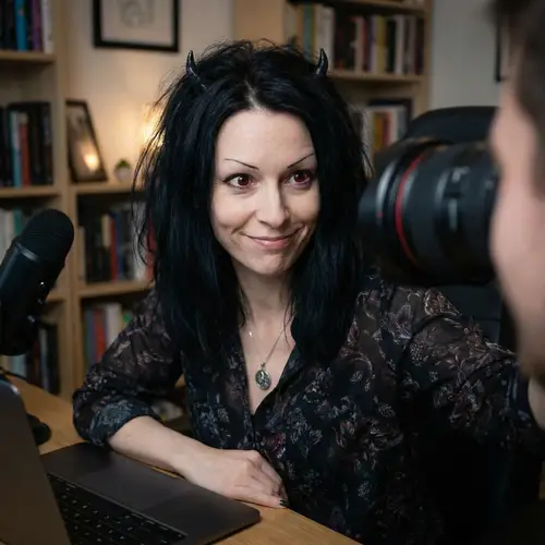 Enchanting Female Blogger with Raven-Colored Hair and Mysterious Aura