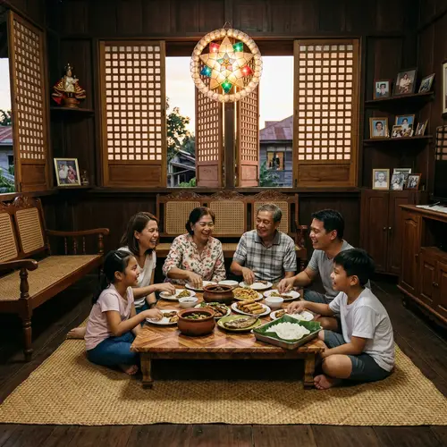 Filipino Family Dining in Traditional Living Room