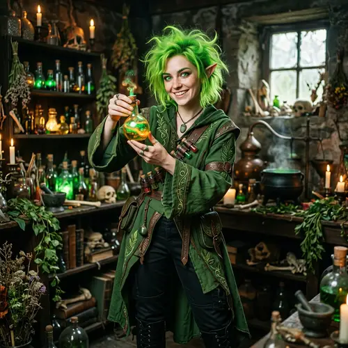 Enigmatic Elf Character with Nuclear Green Hair | Alchemical Aura