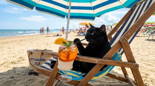 Charming Black Cat Enjoys Aperol Spritz at the Beach