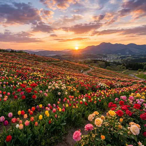 Colorful Tulip & Rose Field at Sunset