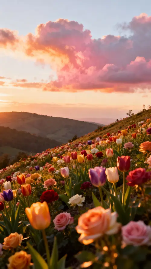 Colorful Tulip & Rose Field at Sunset