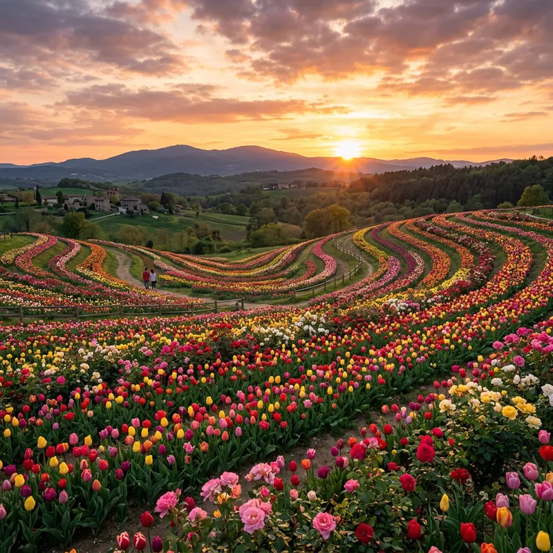 Stunning Tulip and Rose Field at Sunset