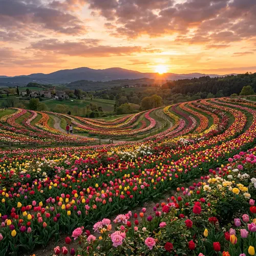 Stunning Tulip and Rose Field at Sunset