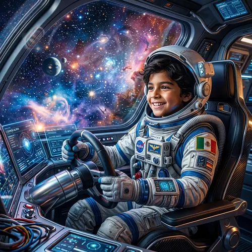 Young Hispanic Boy in Astronaut Suit on Futuristic Spaceship