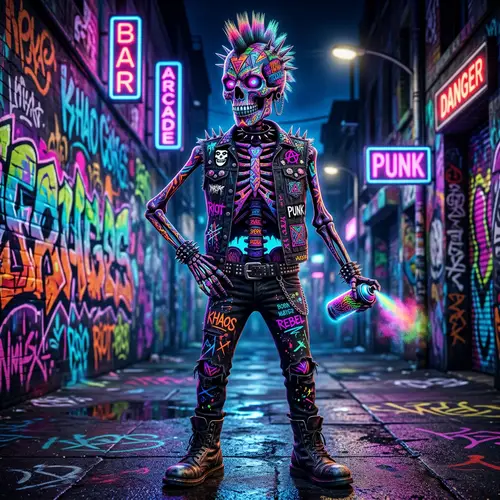 Vibrant Skeleton Art: Bold Punk-Inspired Design