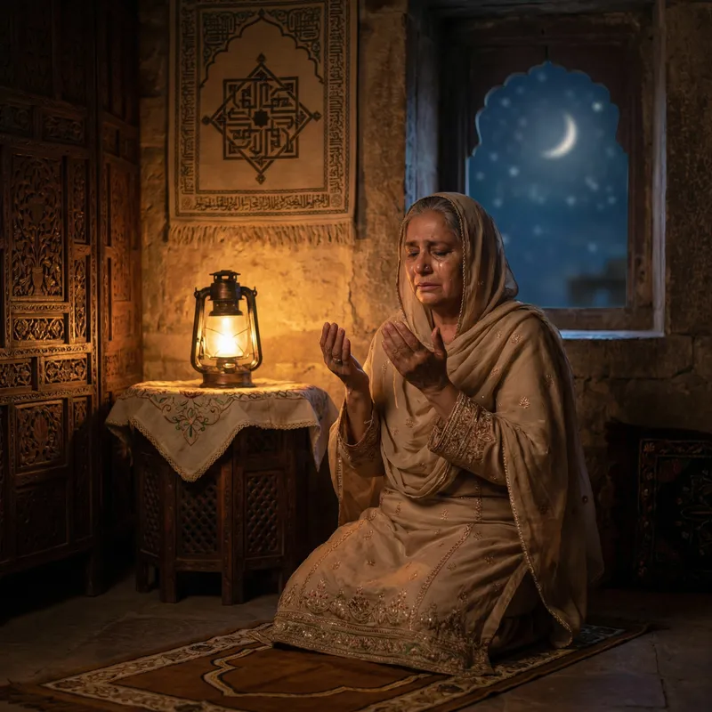 Devout South Asian Woman Fasting and Praying on Laylatul Qadr Night