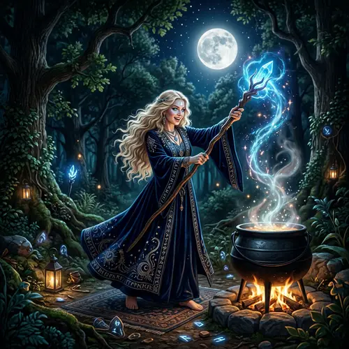 Blonde Sorceress Casting Spell in Enchanted Woodland - Magic Scene