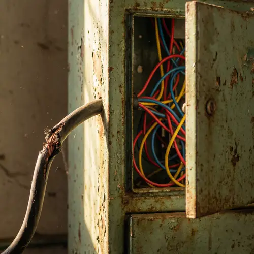 Vintage Electrical Cabinet with Weathered Green Metal and Tangled Wires