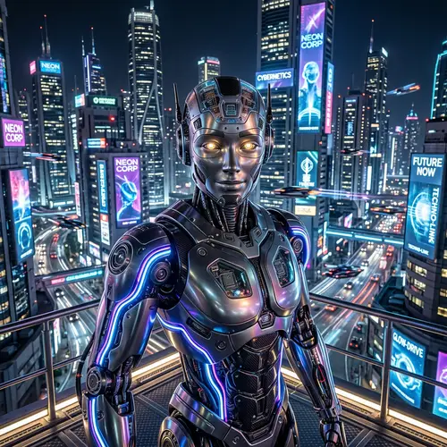 Advanced Mechanized Robot in Futuristic Cityscape