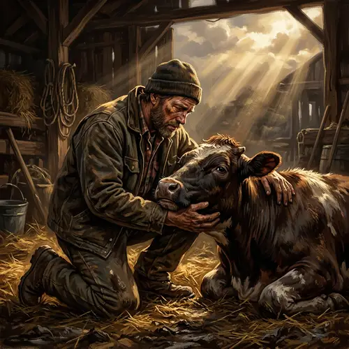 Empathetic Farmer and Distressed Cow in Rural Life