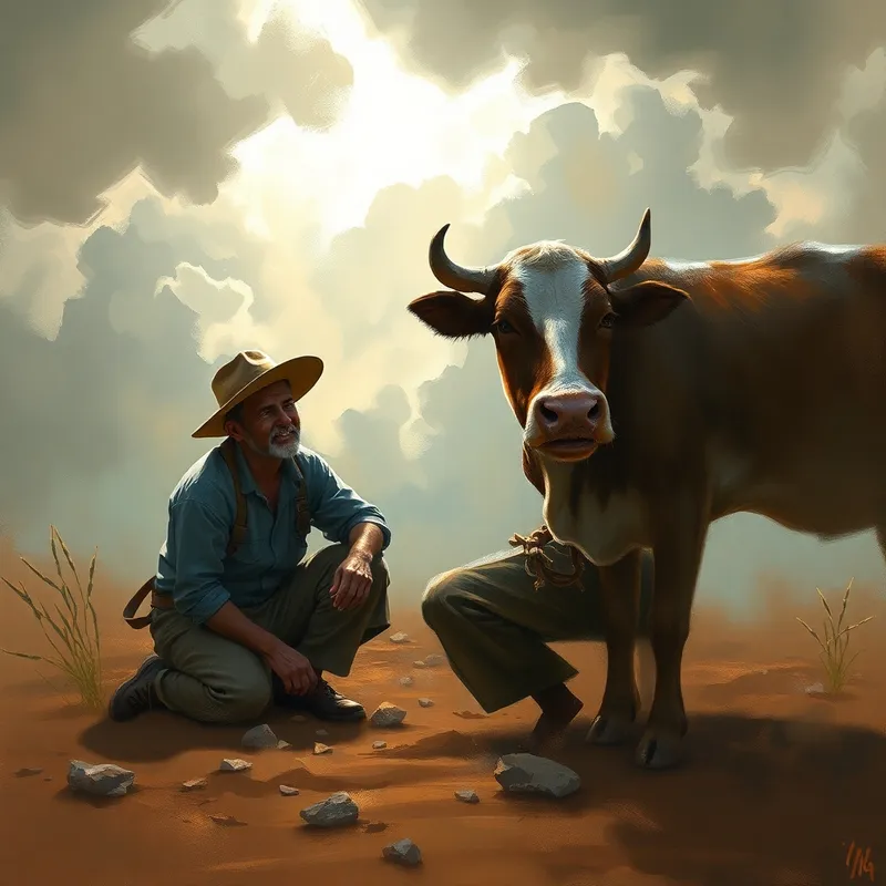Empathetic Farmer and Distressed Cow in Rural Life Empathetic Farmer and Distressed Cow in Rural Life
