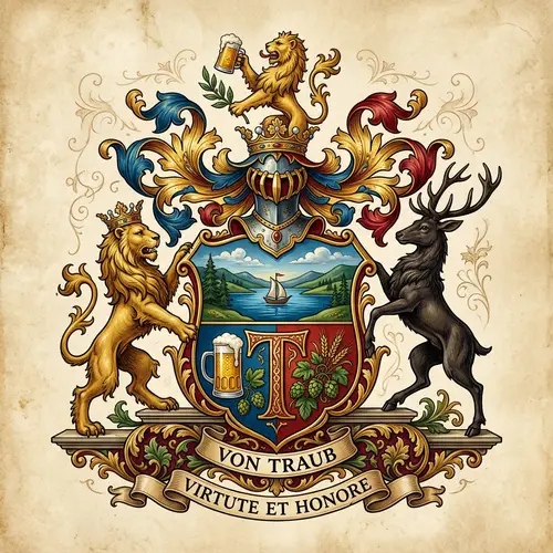 Noble Family Crest with Beer and Lake Design