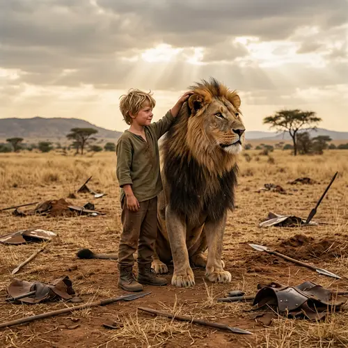 Brave Lion and Innocent Boy Uniting in Triumph