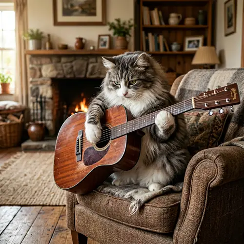 Engrossed Cat Playing Acoustic Guitar | Musical Feline Serenade