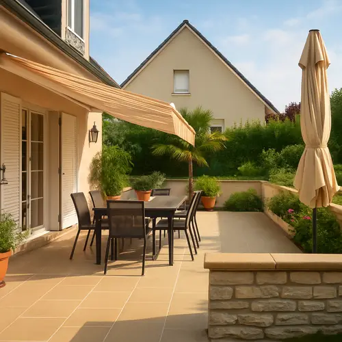 Terrace Design with Table, Canopy, and Greenery