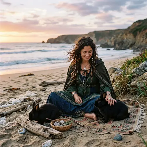 Brunette Witch on Beach with Black Rabbits