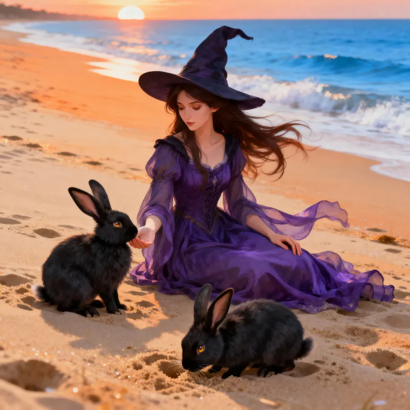 Brunette Witch on Beach with Black Rabbits
