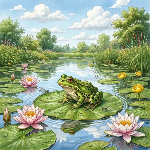 Vibrant Green Frog on Lily Pad in Calm Pond