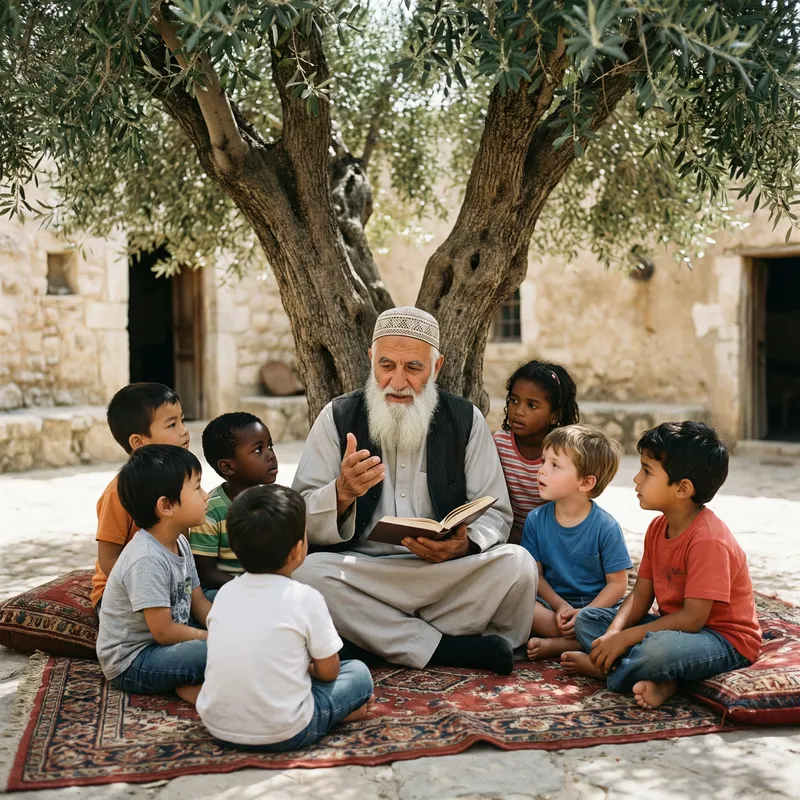 Wise Middle-Eastern Man Reading Fairy Tale to Diverse Children
