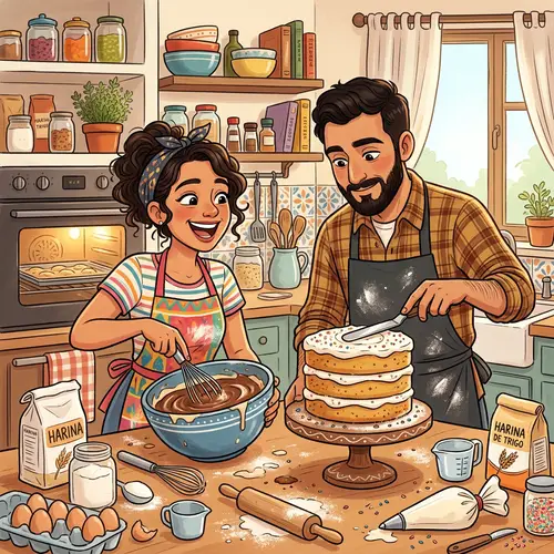Joyful Cartoon Couple Baking Cake Together | Teamwork Illustration