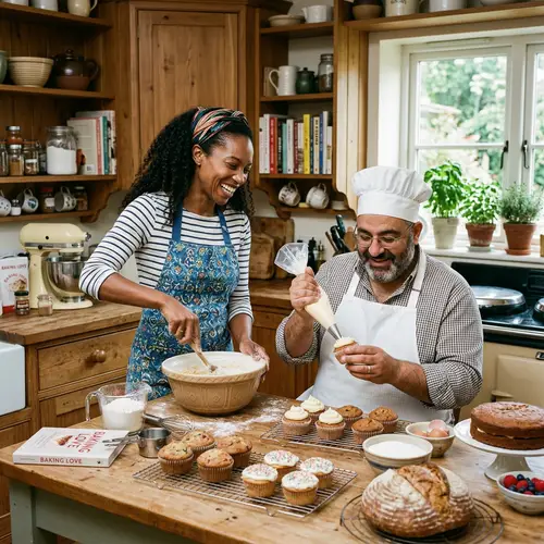 Heartwarming Cake Baking Scene with Diverse Couple