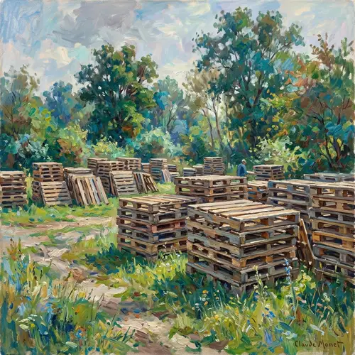 Impressionist Wood Pallets: Vibrant Scene in Blue, Green & Brown