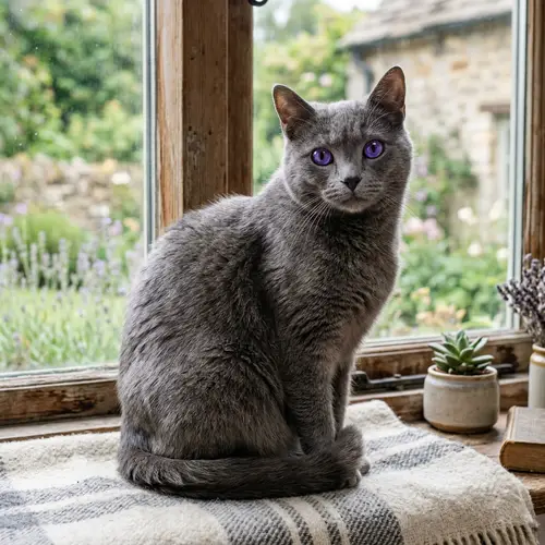 Grey Haired Cat with Stunning Purple Eyes