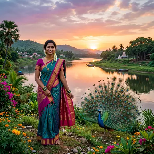 Serene Riverbank Landscape with Indian Woman Chandana and Peacock