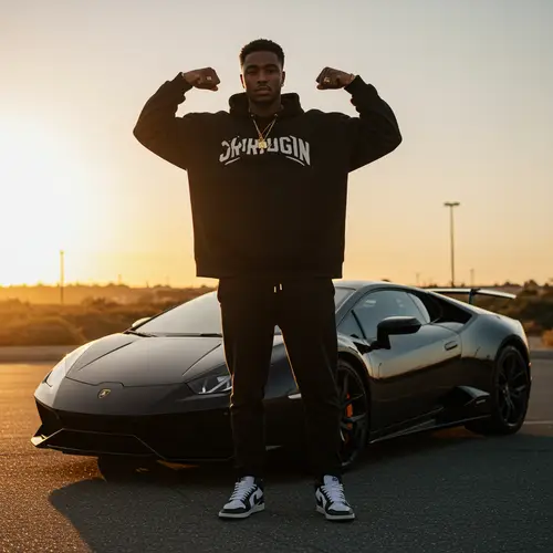 Luxury Model Beside Lamborghini at Sunrise