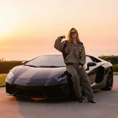 Luxury Model Beside Lamborghini at Sunrise