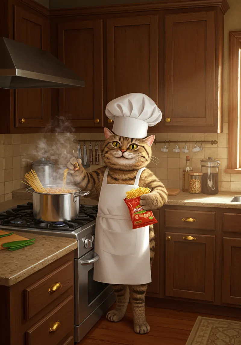 Cheerful Feline Chef in a Cozy Kitchen