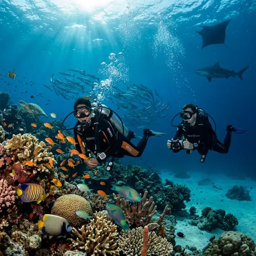 Underwater Adventure: South Asian and Caucasian Divers Amid Marine Life