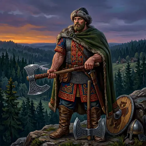 Russian Folklore Hero: Mighty Bogatyr with Double-Headed Ax