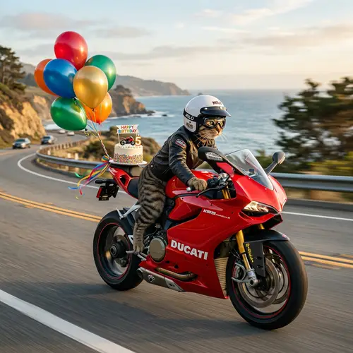 Cat on Ducati Motorbike with Balloons & Cake