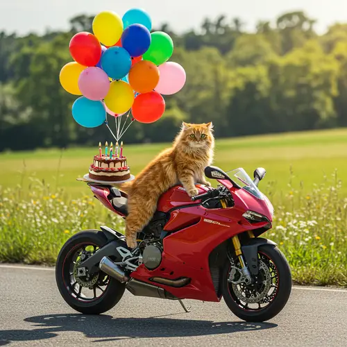 Cat on Ducati Motorbike with Balloons & Cake