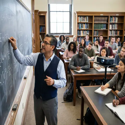 Diverse College Classroom Lecture on Blackboard | Academic Setting