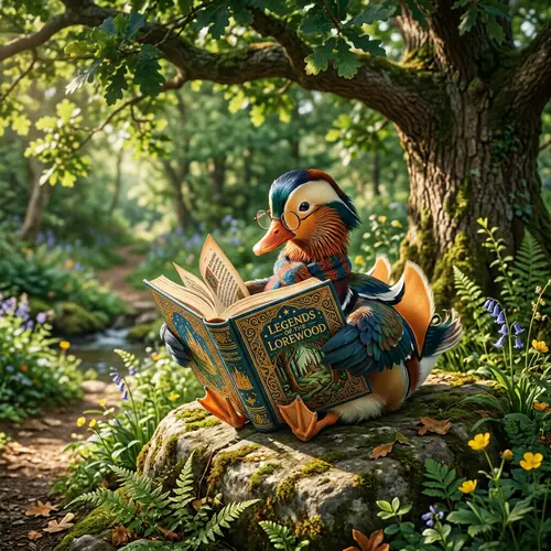 Whimsical Duck Reading Book Under Lush Tree - Tranquil Scene