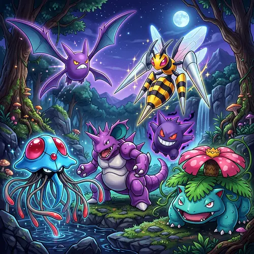 Digital Art: Pokémon Team Featuring Crobat, Tentacruel, Gengar, Nidoking, Venusaur, Mega Beedrill