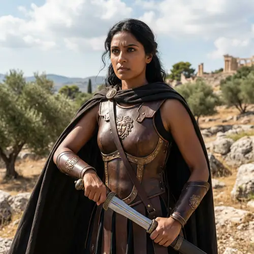 Female Warrior in Ancient Greek Armor with Sword