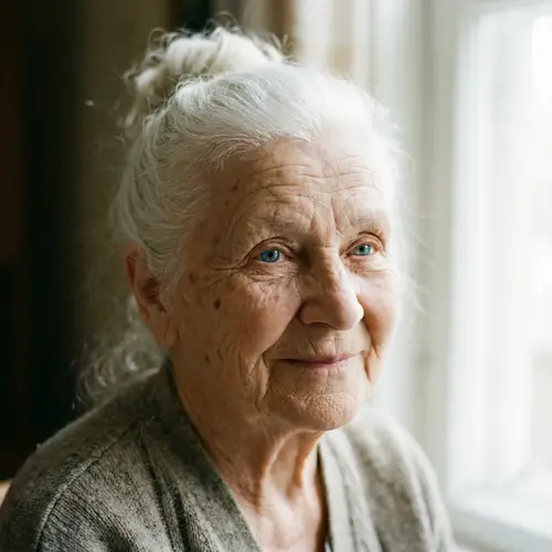 Wisdom and Experience: Elderly Caucasian Woman with Bright Blue Eyes