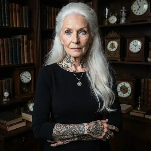Unique Woman with White Hair and Clock Hand-shaped Eye