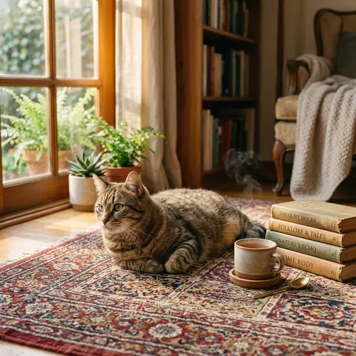 Tranquil Tabby Cat Enjoying Sunshine on Vintage Rug
