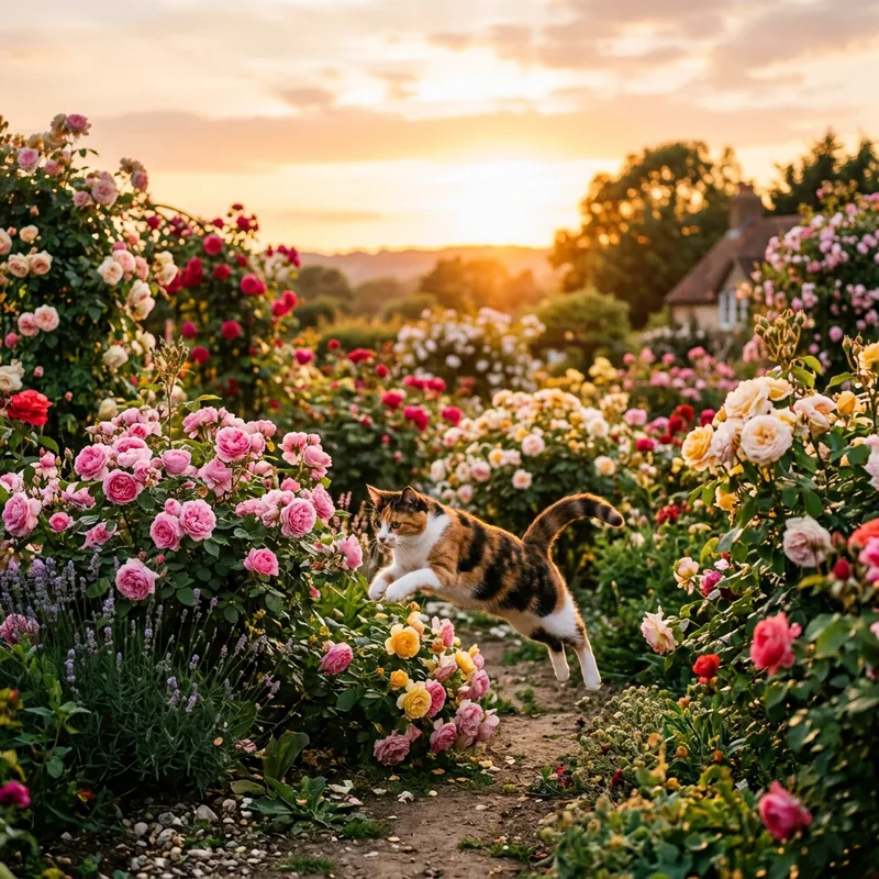 Create a Playful Cat in the Rose Garden at Sunset