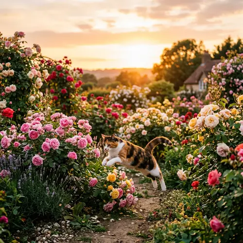 Playful Calico Cat Frolicking in Rose Garden at Sunset