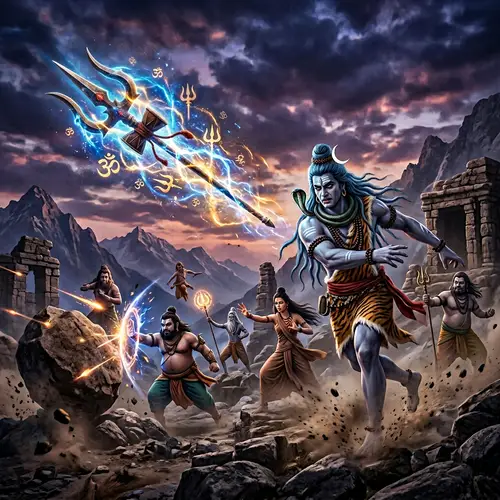 Mystical Hindu Deity Shiva Hurling Trident with Intense Will