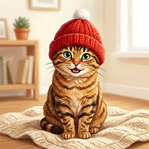 Medium-Sized Domestic Cat in Vibrant Red Hat Illustration