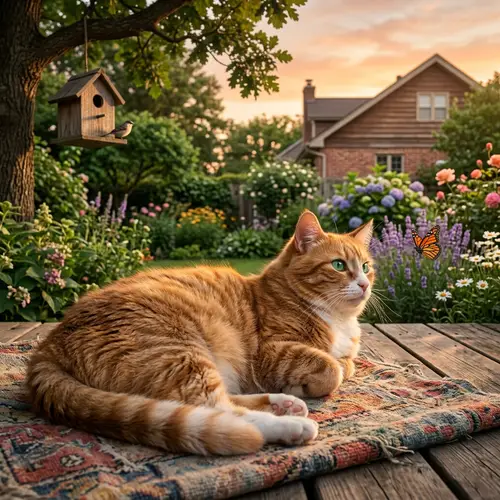 Ginger & White Cat Lounging in Verdant Garden Setting